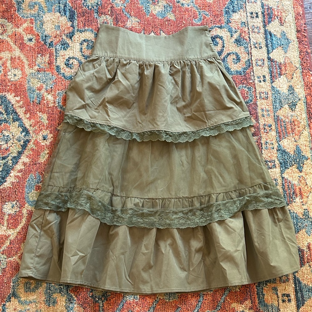 Size 4 olive green midi/maxi ruffle skirt